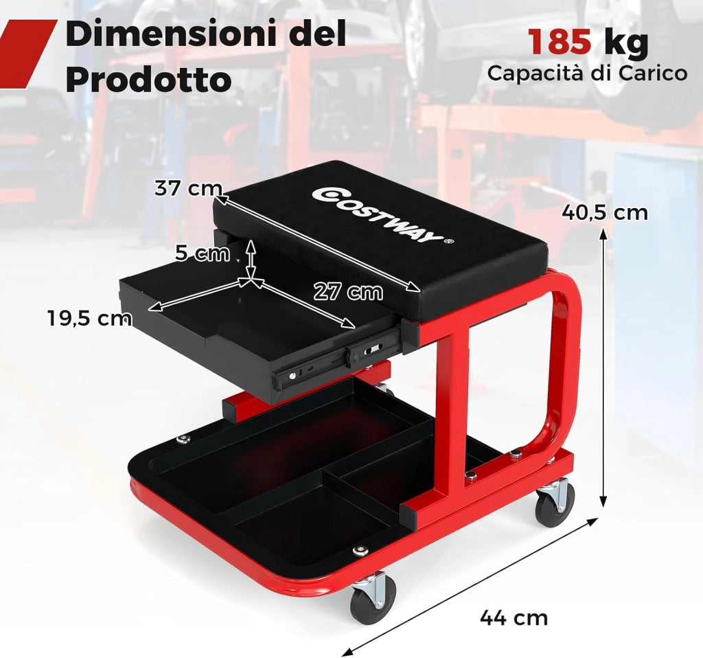 COSTWAY Sgabello da Officina con Ruote, Sedia Meccanico Imbottita con Cassetto e Vassoio Portautensili, capacità di 185 kg, per Riparazione Auto, per Garage e Officina (Nero)