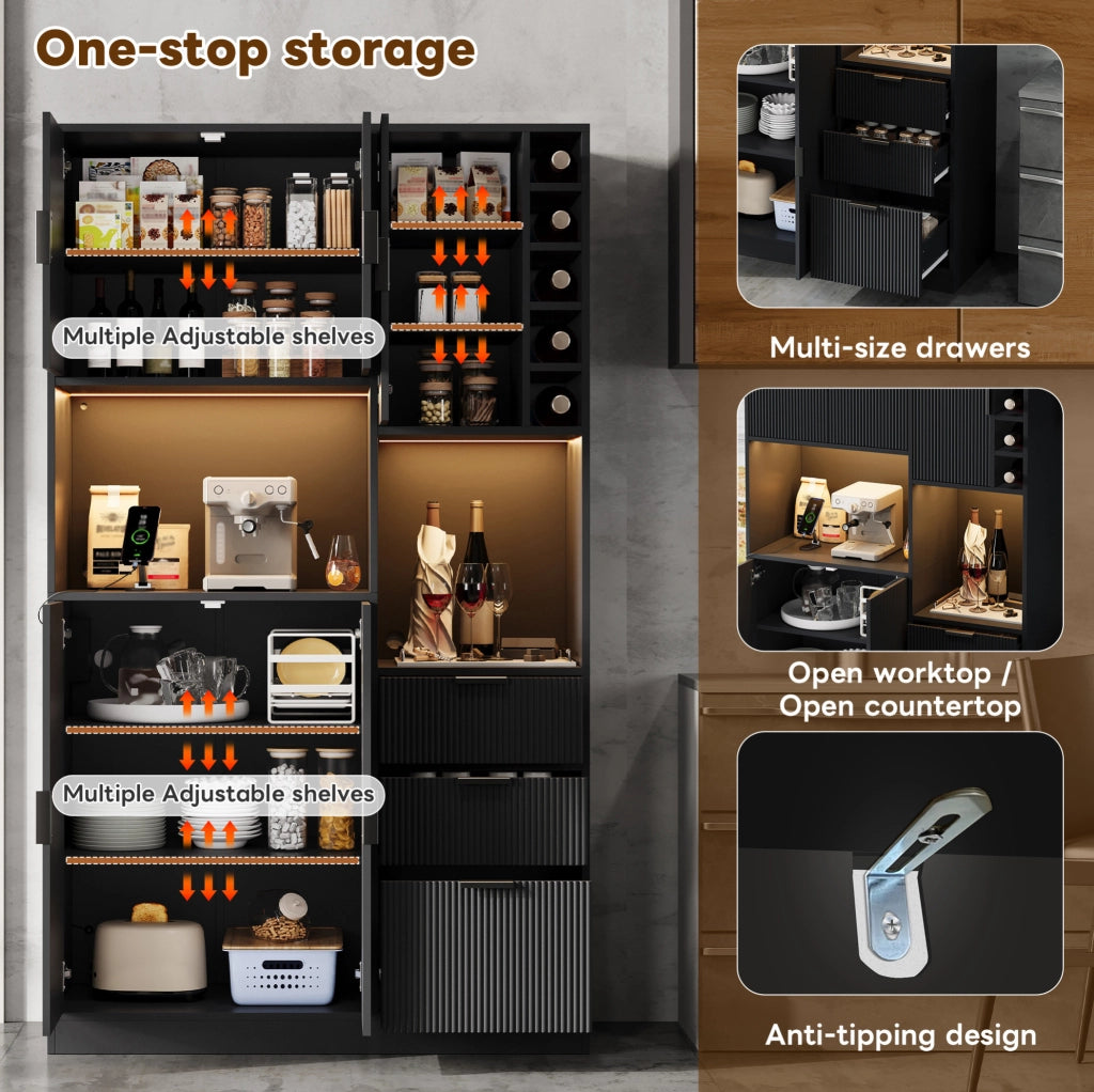 Mobile da cucina 105x40x180 cm con 3 cassetti; LED multicolore e prese USB-C; nero