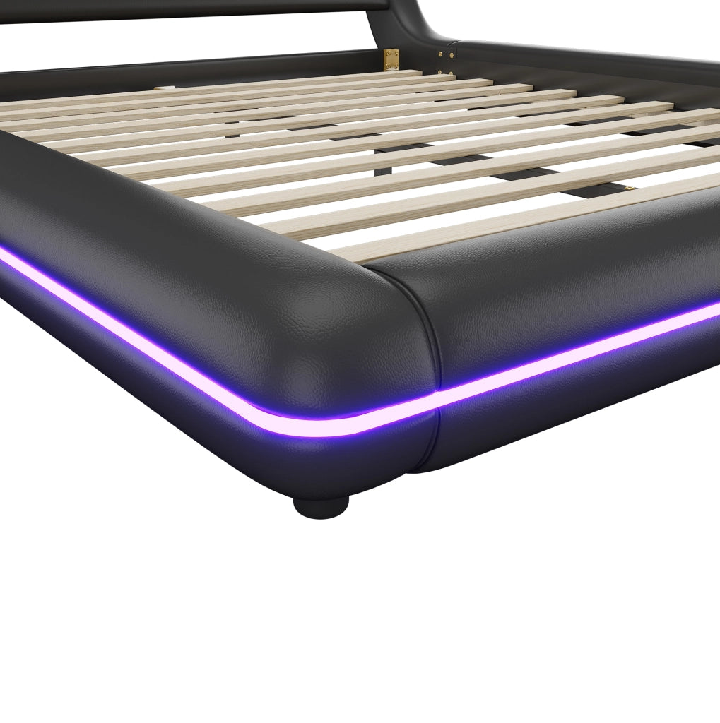 Letto a pavimento 160x200 cm in PU nero con LED RGB controllabili tramite app