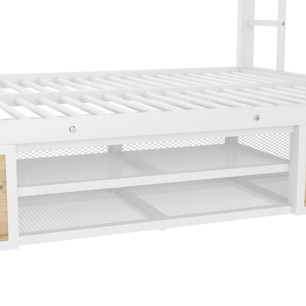 DESMIU Letto a castello per bambini 90 × 200 cm e 140 × 200 cm con scarpiera e vani, senza materasso, bianco