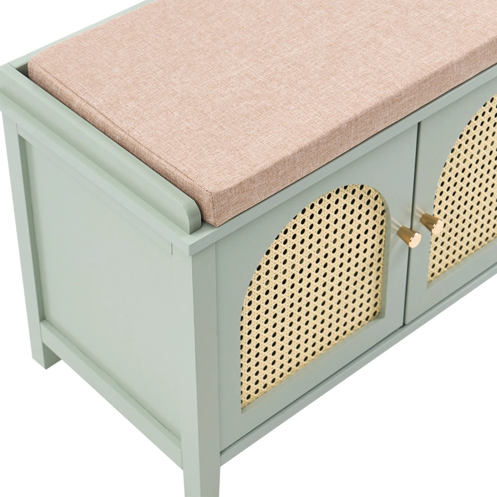 Panca porta scarpe con 3 cassetti e 2 ripiani seduta imbottita legno MDF rattan PE verniciata stile boho verde menta