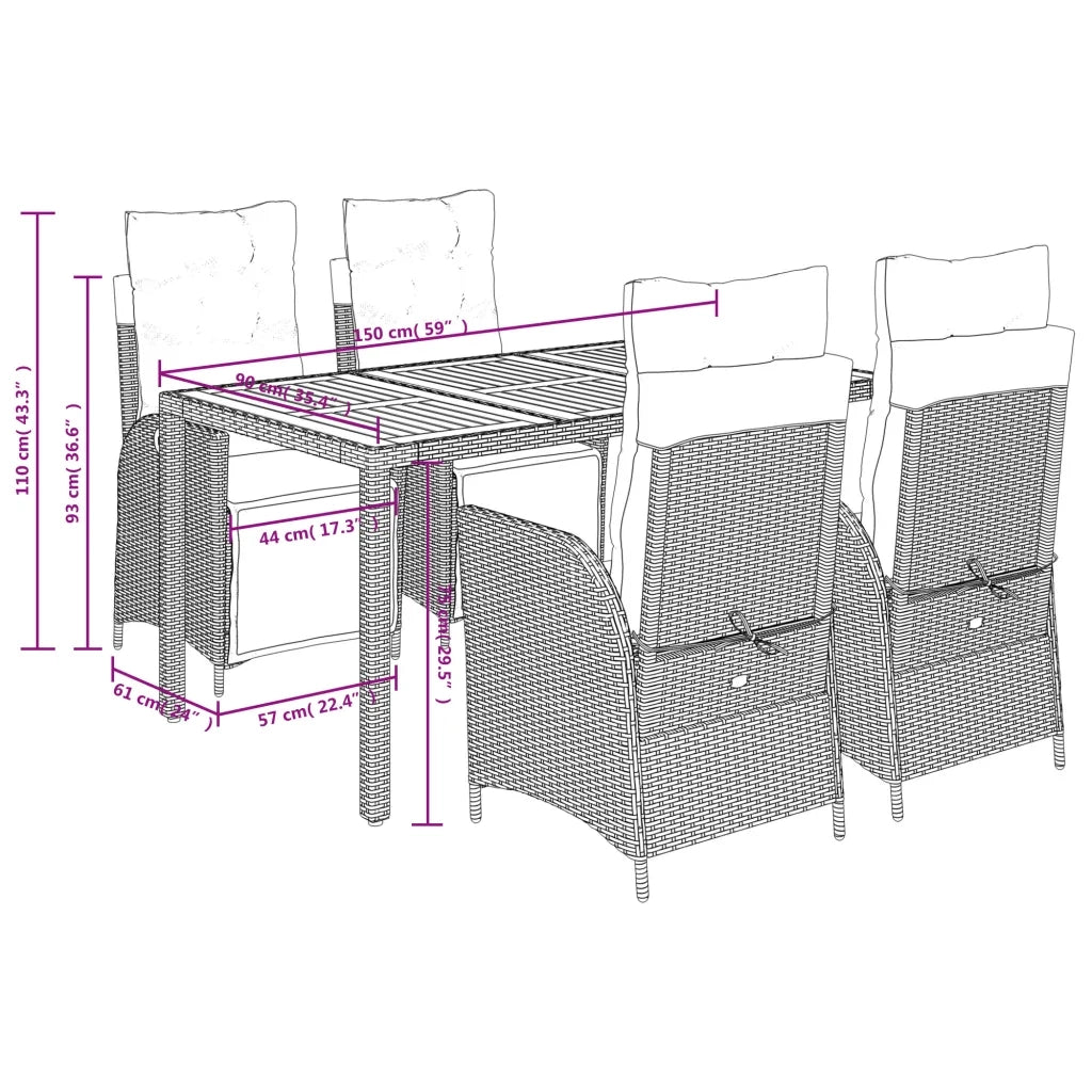 Set da Pranzo da Giardino 5 pz Nero con Cuscini in Polyrattan