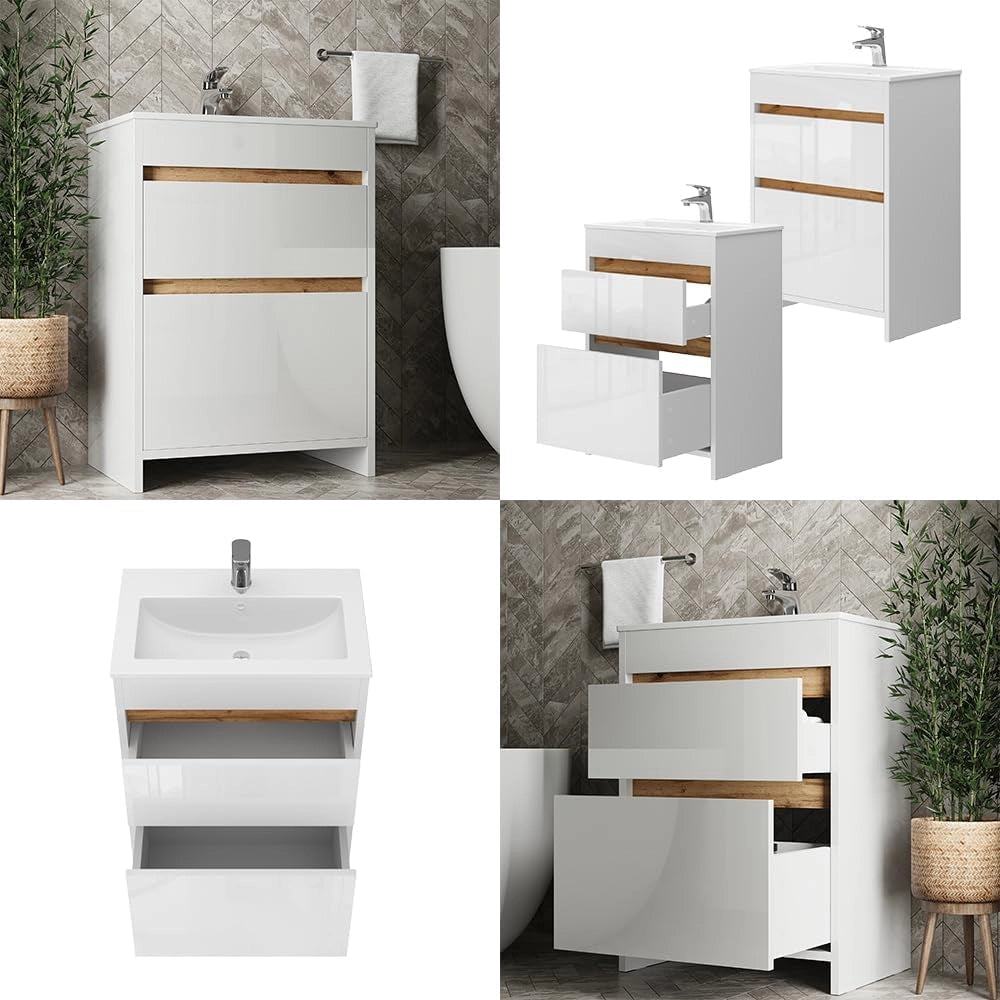Set di mobili da bagno Detmold, Bianco lucido/oro power oak, 59.6 cm, composto da mobile sottolavabo e lavabo