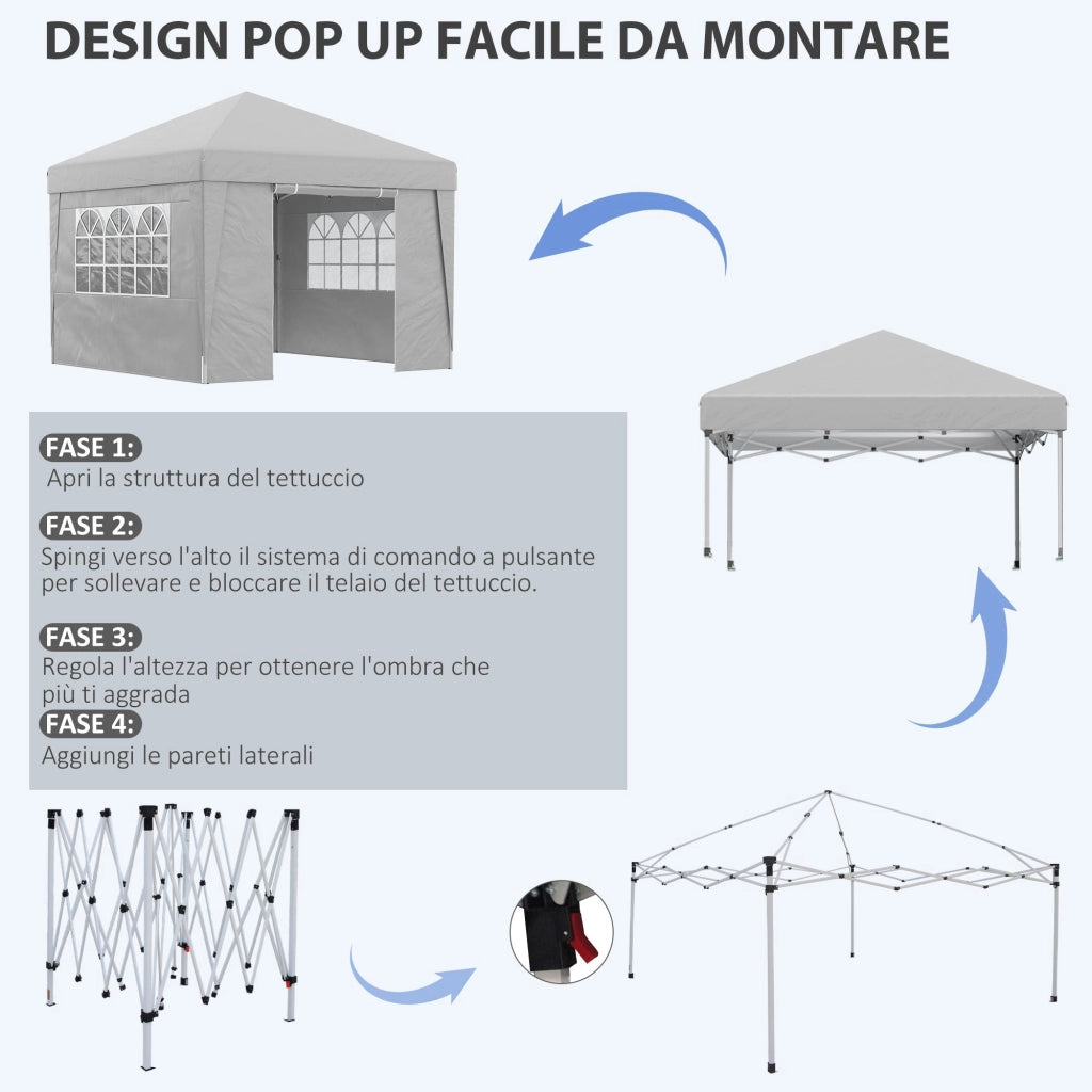 Gazebo da Giardino 300x300 cm Pieghevole ad Altezza Regolabile con Finestrelle in Acciaio e Tessuto Oxford Grigio Chiaro