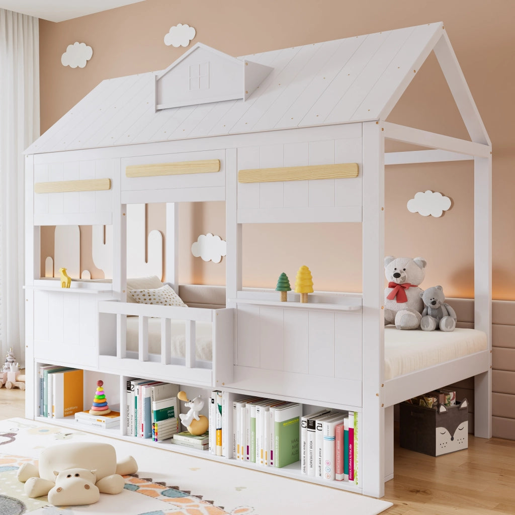 Letto a soppalco per bambini 90 × 200 cm con libreria integrata e struttura stabile, senza materasso, bianco