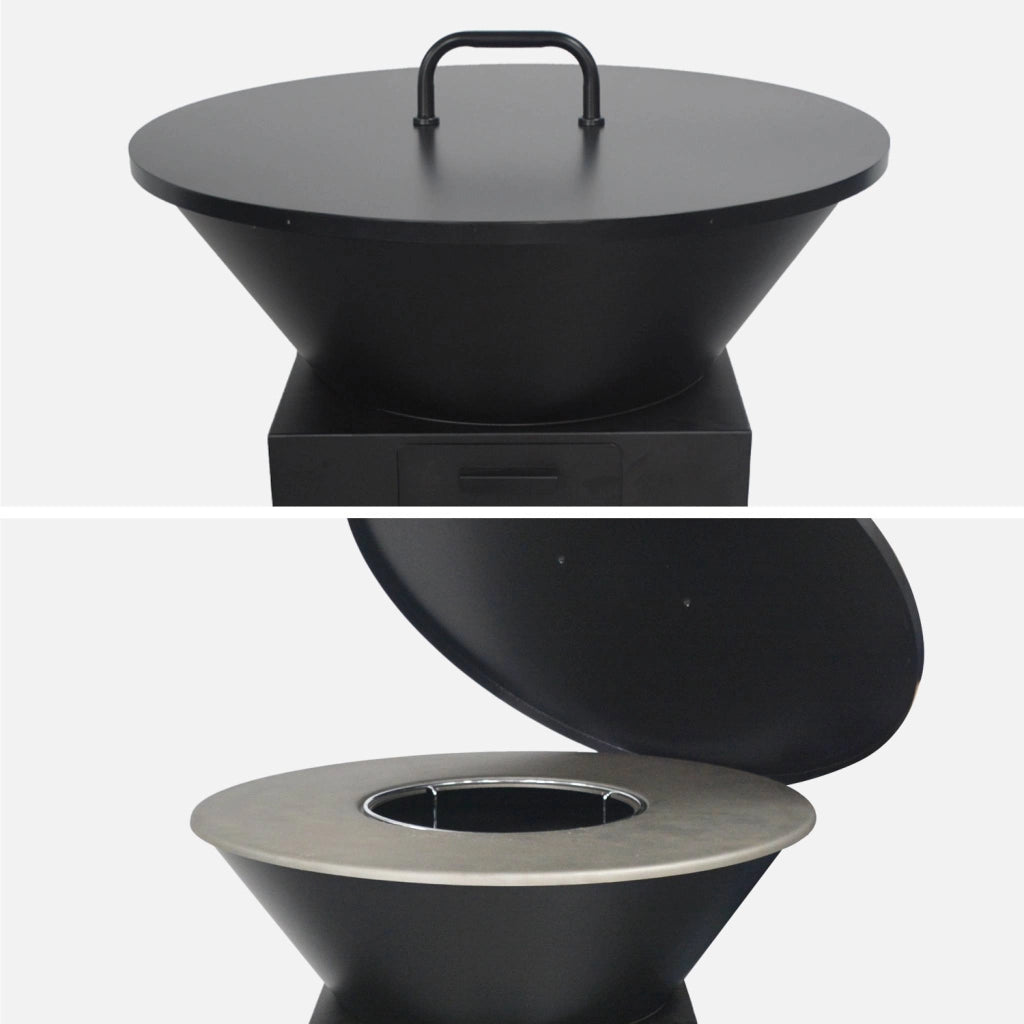 Braciere barbecue con vano portalegna, coperchio e utensili, ø81,5cm,