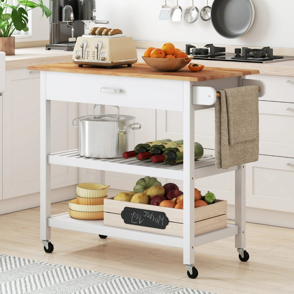 Carrello di servizio a 3 livelli con piano in legno e 2 ripiani aperti-Buffet-Armadio da cucina Isola da cucina con spazio di archiviazione Bianco