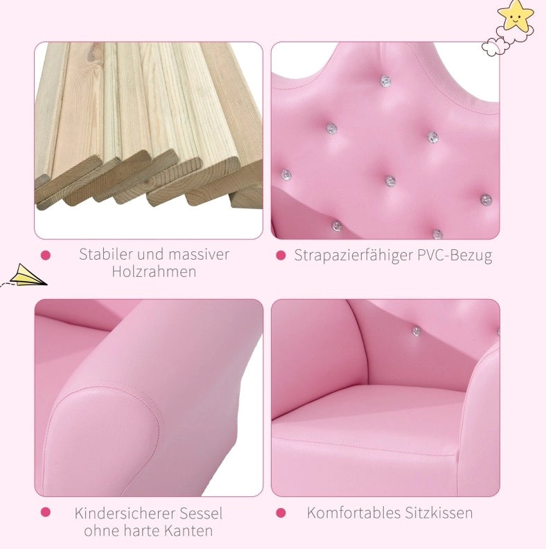 Poltroncina per bambini rosa con pouf e finitura capitonné