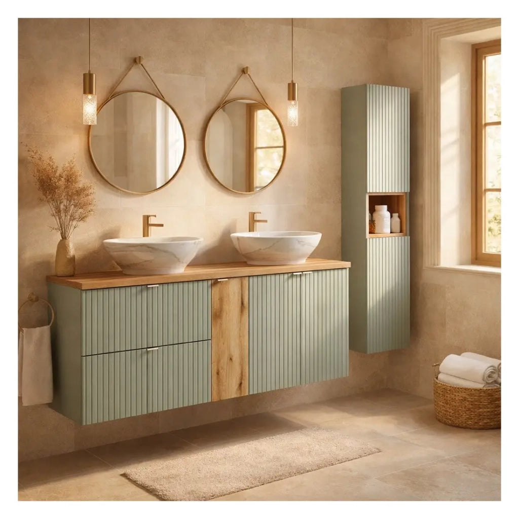 Insieme ELVINA 170cm: mobili sotto lavabo con cassetti e armadietti + piano per lavabo + due lavabi da appoggio marmorizzati + colonna