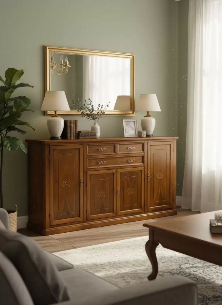 Credenzone in legno 4 porte-3 cassetti con intarsi finitura bassano misure l.211 p.49 h.113 - Mobili 2G
