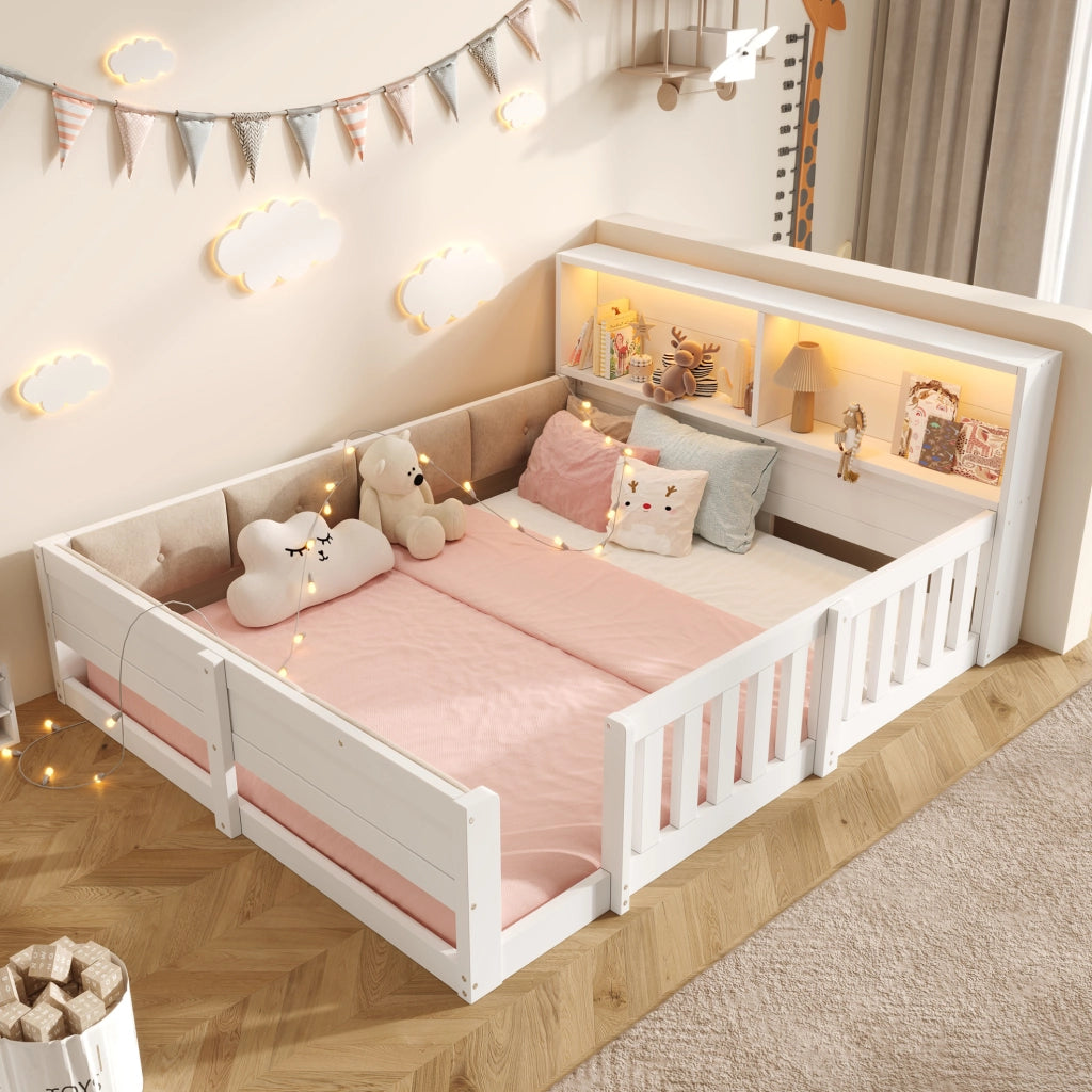 Letto per bambini 140 x 200 cm con sponde, LED e contenitori