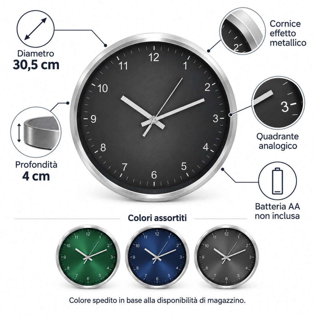 OROLOGIO DA PARETE TONDO 30,5CM MODERNO QUADRANTE VARI COLORI CASA UFFICIO