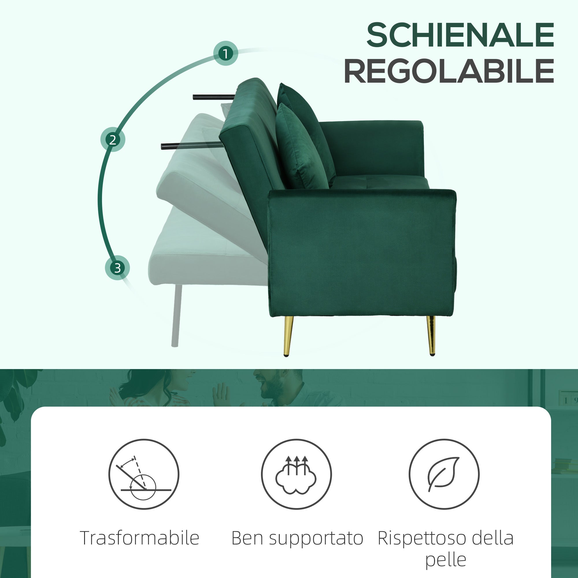 Divano Letto Singolo Clic Clac con Schienale Regolabile 215x83x87 cm in Tessuto Effetto Velluto con 2 Cuscini Verde