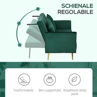 Divano Letto Singolo Clic Clac con Schienale Regolabile 215x83x87 cm in Tessuto Effetto Velluto con 2 Cuscini Verde