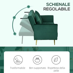 Divano Letto Singolo Clic Clac con Schienale Regolabile 215x83x87 cm in Tessuto Effetto Velluto con 2 Cuscini Verde