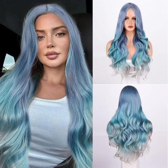 Pruica a onda lunga - Resistente al calore - Fibre sintetiche - Capelli naturali - Fascia regolabile - 71 cm di lunghezza - Capocchia di capello