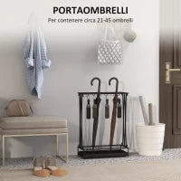 Portaombrelli con Vaschetta per l'Acqua, 21 Fori e 24 Ganci per Ombrello, in Acciaio, 50x24x68 cm, Nero