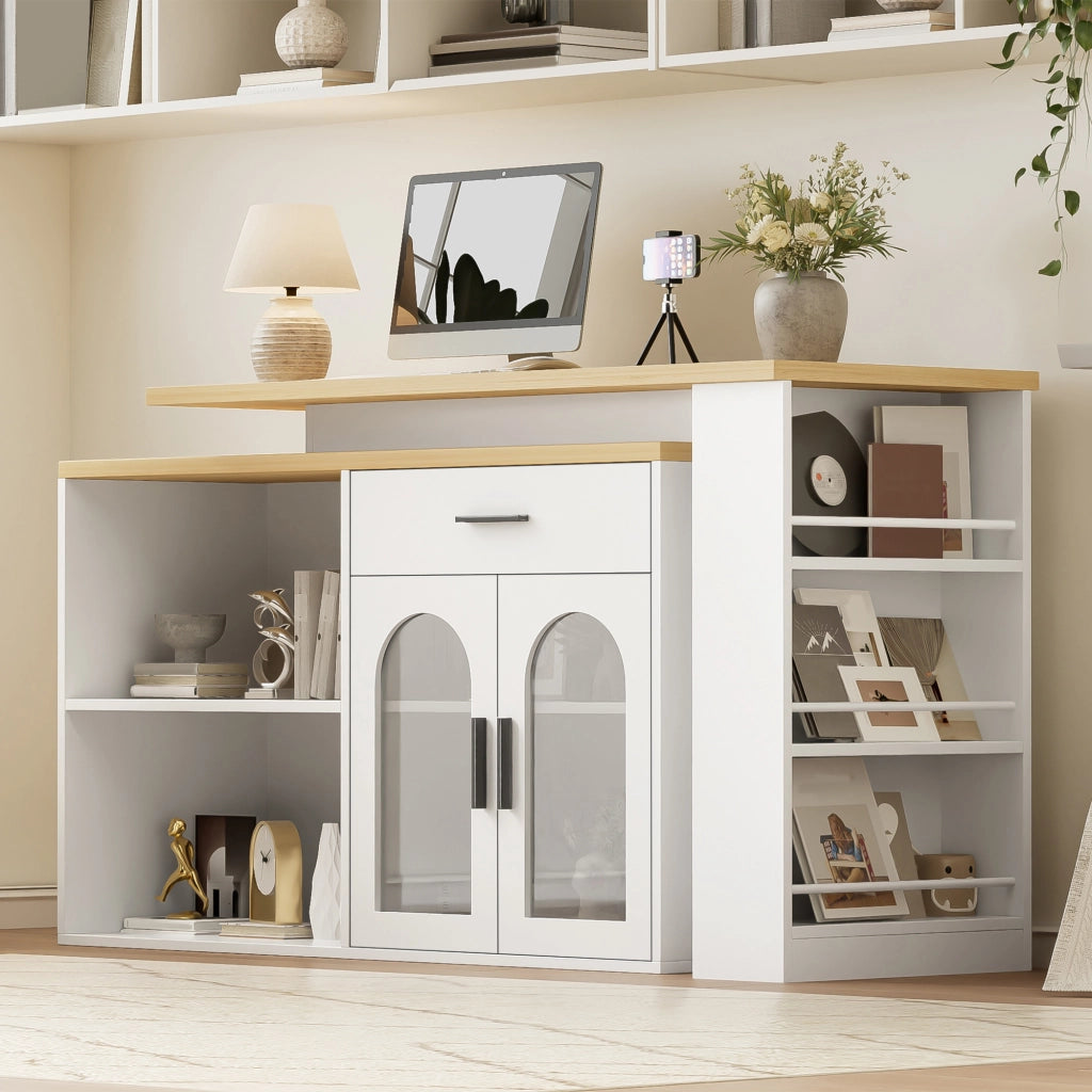 Isola da Cucina 136x50x78 cm Bianca e Rovere con Tavolo Girevole 360°, Cassetto e Ripiani