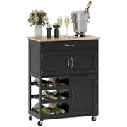 Carrello da Cucina in Legno con Portabottiglie, 3 Ante e Cassetto, 67x37x87 cm, Nero e Rovere