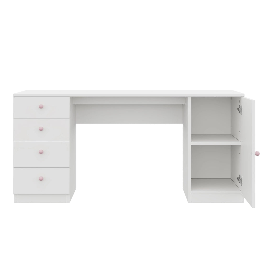 Scrivania lineare con 4 cassetti e armadietto con ripiano; piano ampio per studio e ufficio; in MDF; bianco 155×45×74 cm