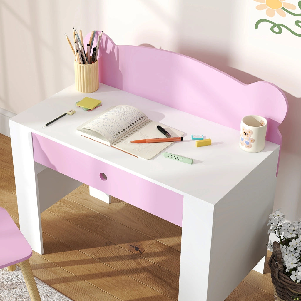 Banco Scuola con Sedia per Bambini Schienale a Orsetto Età 3-8 Anni in MDF e Legno Rosa