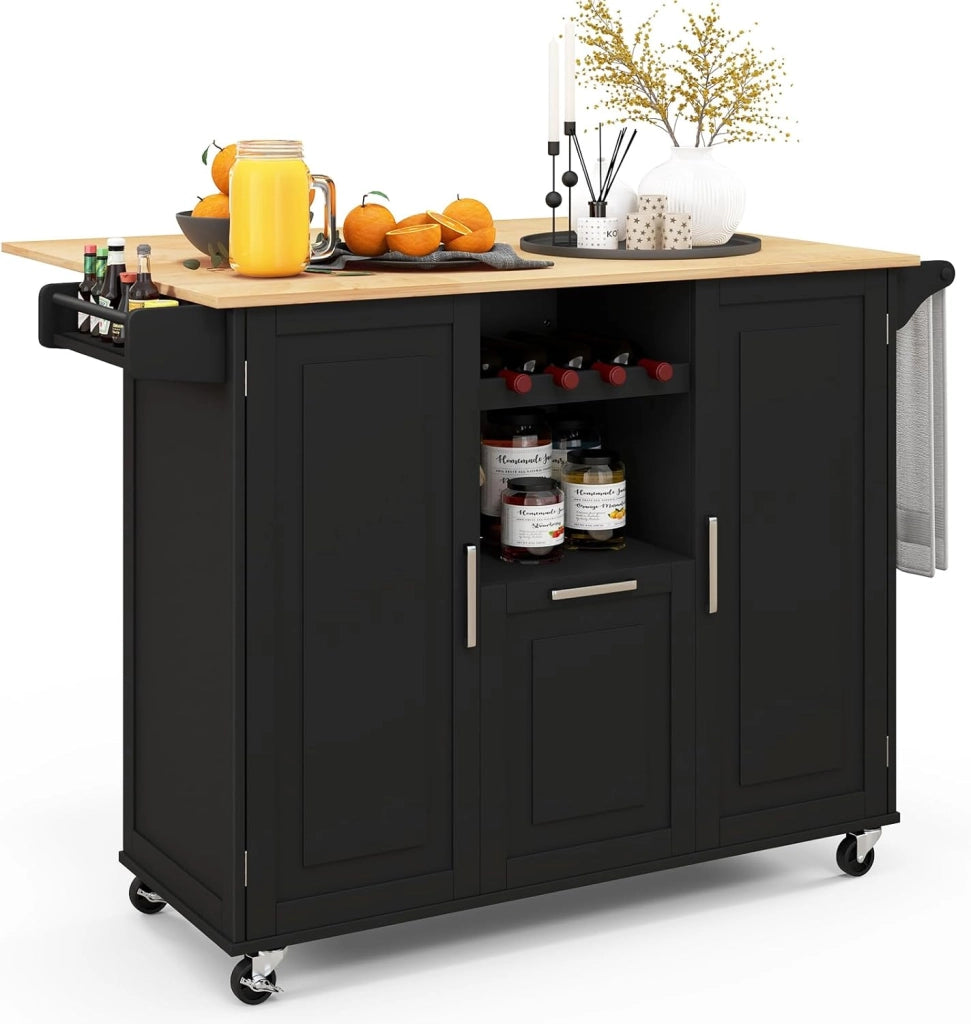 Carrello da Cucina con Ruote, Carrello di Servizio con 2 Armadietti a Anta, 1 Cassetto, 1 Portabottiglie, 1 Portasciugamani e 1 Portaspezie, Nero/Bianco (Nero)