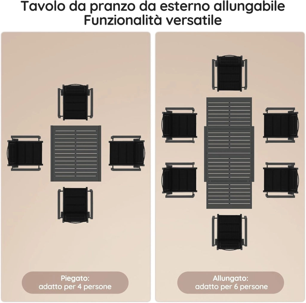 Tavolo da giardino, allungabile, 80/160 X 80 X 75 Cm, piccolo tavolo allungabile, alluminio, per balcone, resistente alle intemperie, allungabile, tavolo da pranzo per esterni, Grigio scuro
