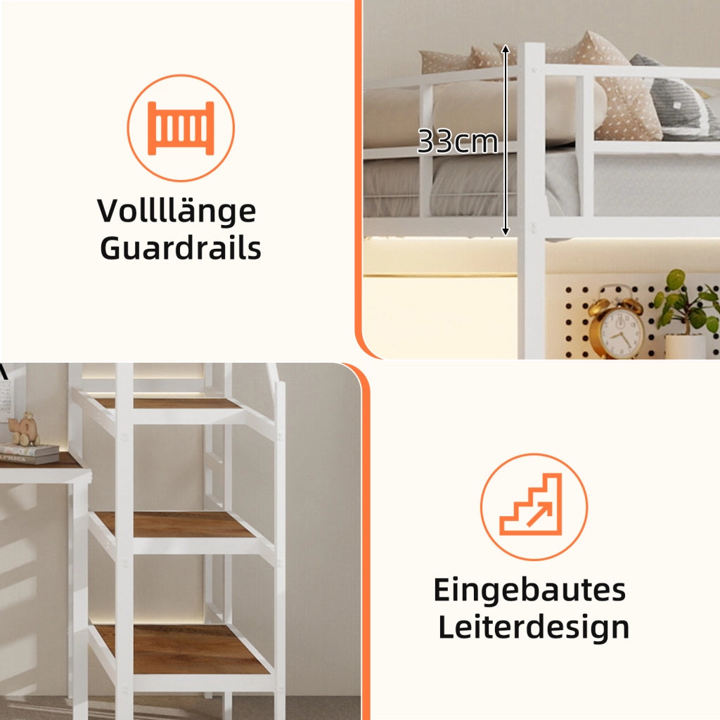 Letto a Soppalco con Scrivania ad L; Mensole; Scala con Vani; Sponda 360° in Ferro