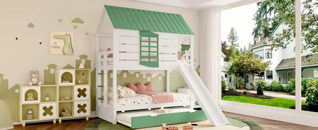 DESMIU Letto a castello casetta 90 × 200 cm 2 posti con scivolo e letto estraibile senza materasso in MDF bianco verde