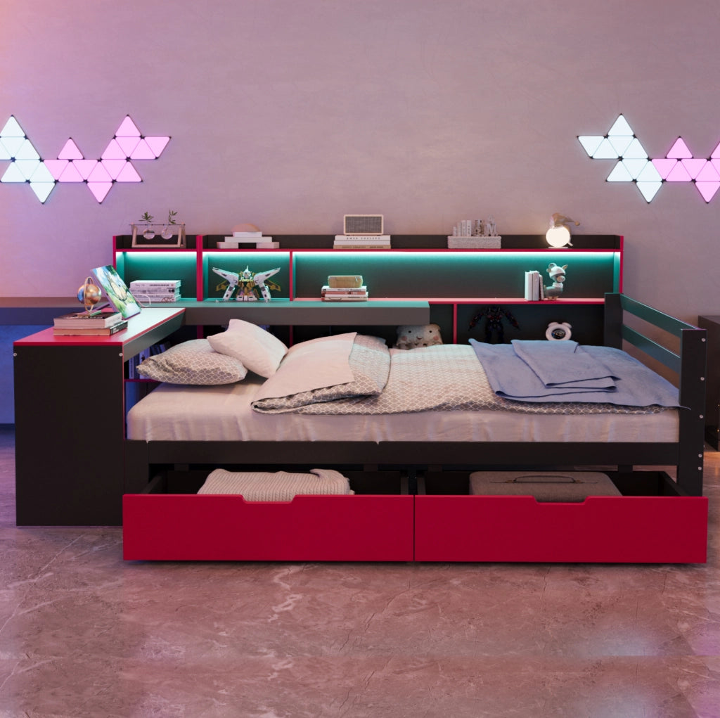 Letto matrimoniale multifunzionale 140 x 200 cm con scrivania; cassetti; LED e prese; nero e rosso