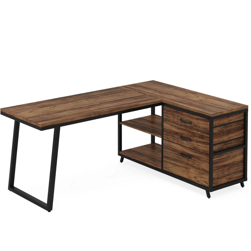 Scrivania angolare reversibile con cassetti e ripiani 134 x 50 cm