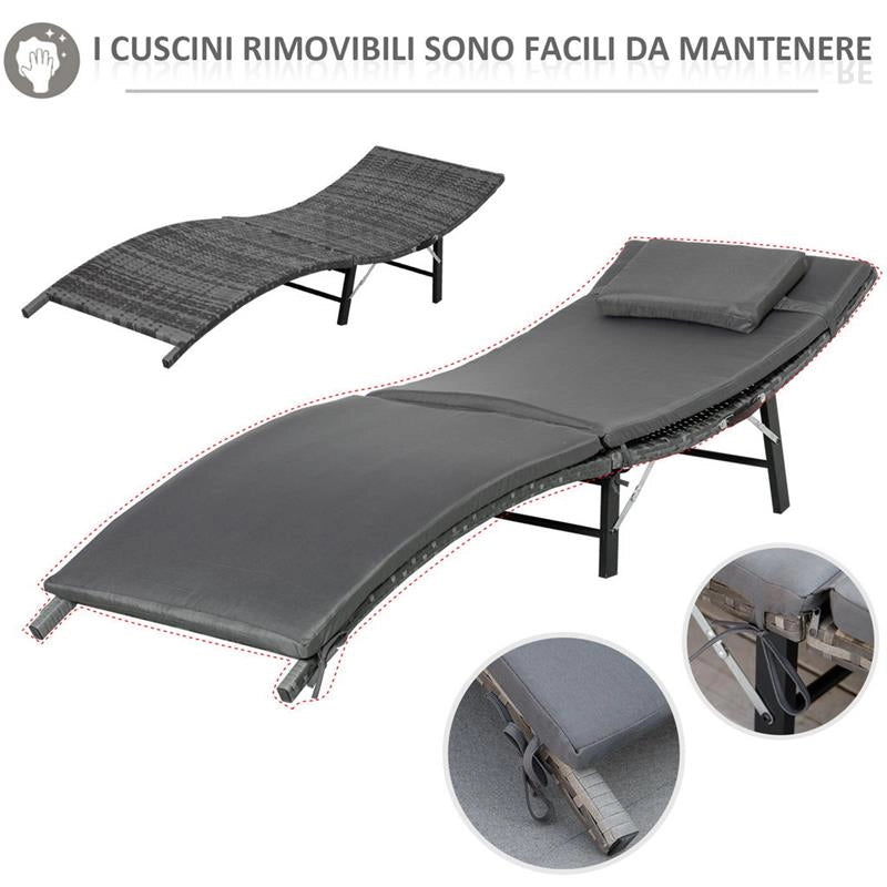 LETTINI PRENDISOLE RICHIUDIBILI CON CUSCINI RIMOVIBILI E TAVOLINO PIEGHEVOLE, SET 3 PZ IN RATTAN, GRIGIO