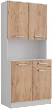 Buffet da cucina Raul, Rovere bianco/dorato, 83.6 x 188.5 cm con 4 porte e 1 cassetto, con ripiano aperto per dispositivi e combinabile con moduli aggiuntivi