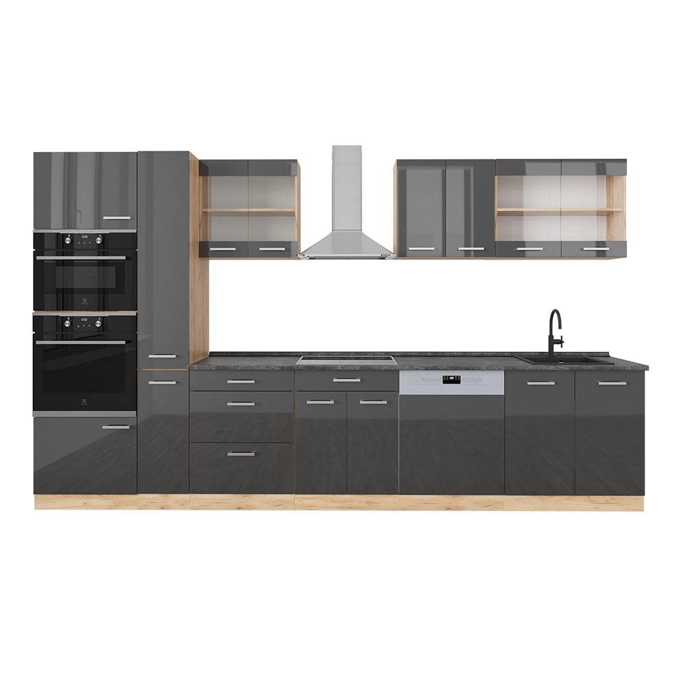Vicco Cucina componibile Antracite lucido/oro power oak 350 cm con armadio alto, PL Antracite