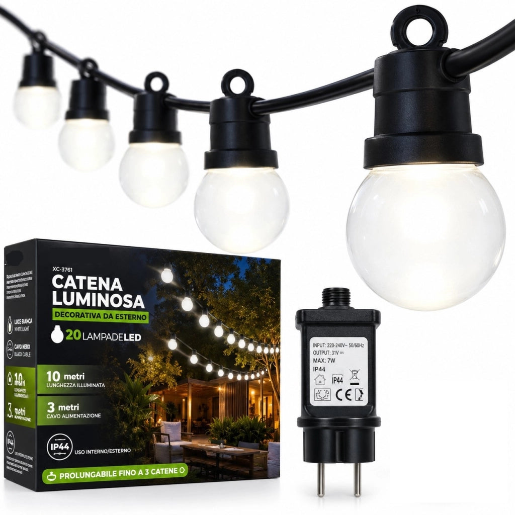 Catena Luminosa LED da Esterno 20 Lampade G50 Luce Bianca 10 m IP44 Prolungabile Alimentatore Incluso per Giardino Gazebo Terrazza