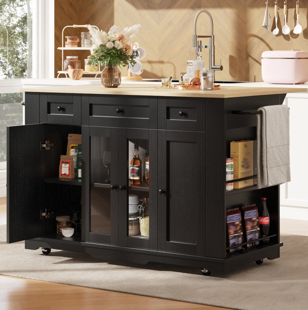 Isola da cucina pieghevole con piano effetto legno, nera