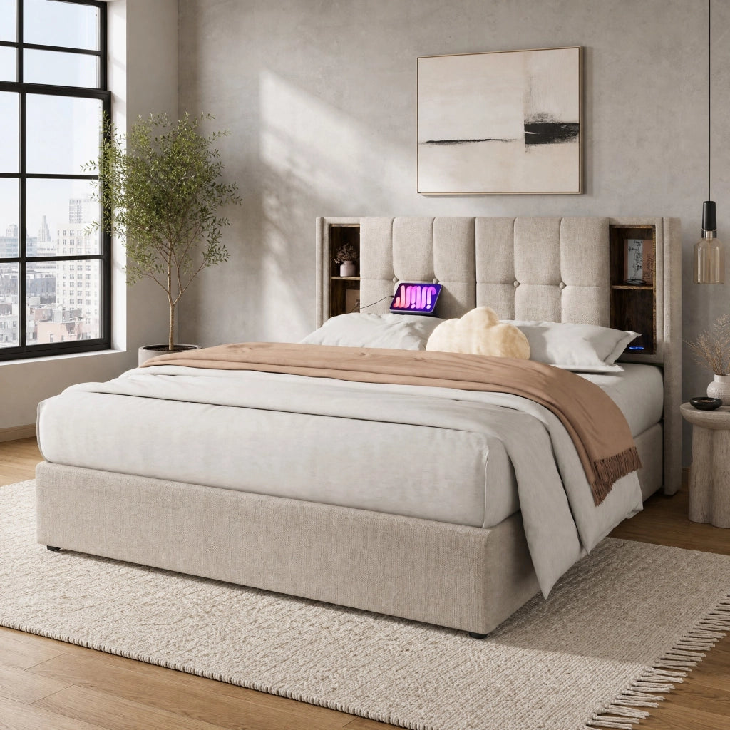 Letto matrimoniale imbottito 140x200 cm in lino naturale con ricarica wireless; USB e contenitore
