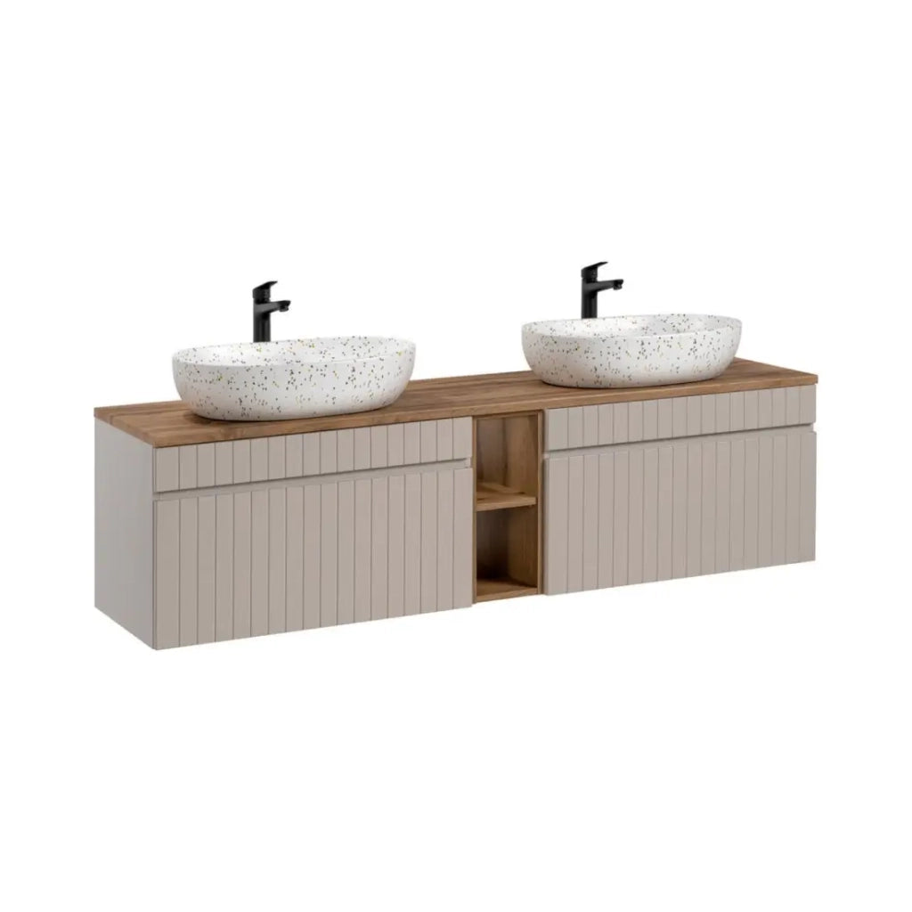 Set ICON: mobile sottolavabo 180cm con nicchie visibili + 2 lavabi ovali macchiati multicolori