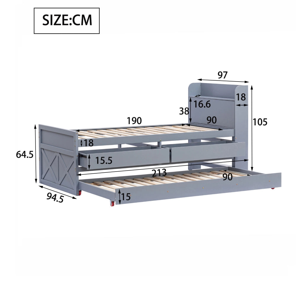 Letto 90x190 cm con cassetti; letto estraibile e USB in legno grigio