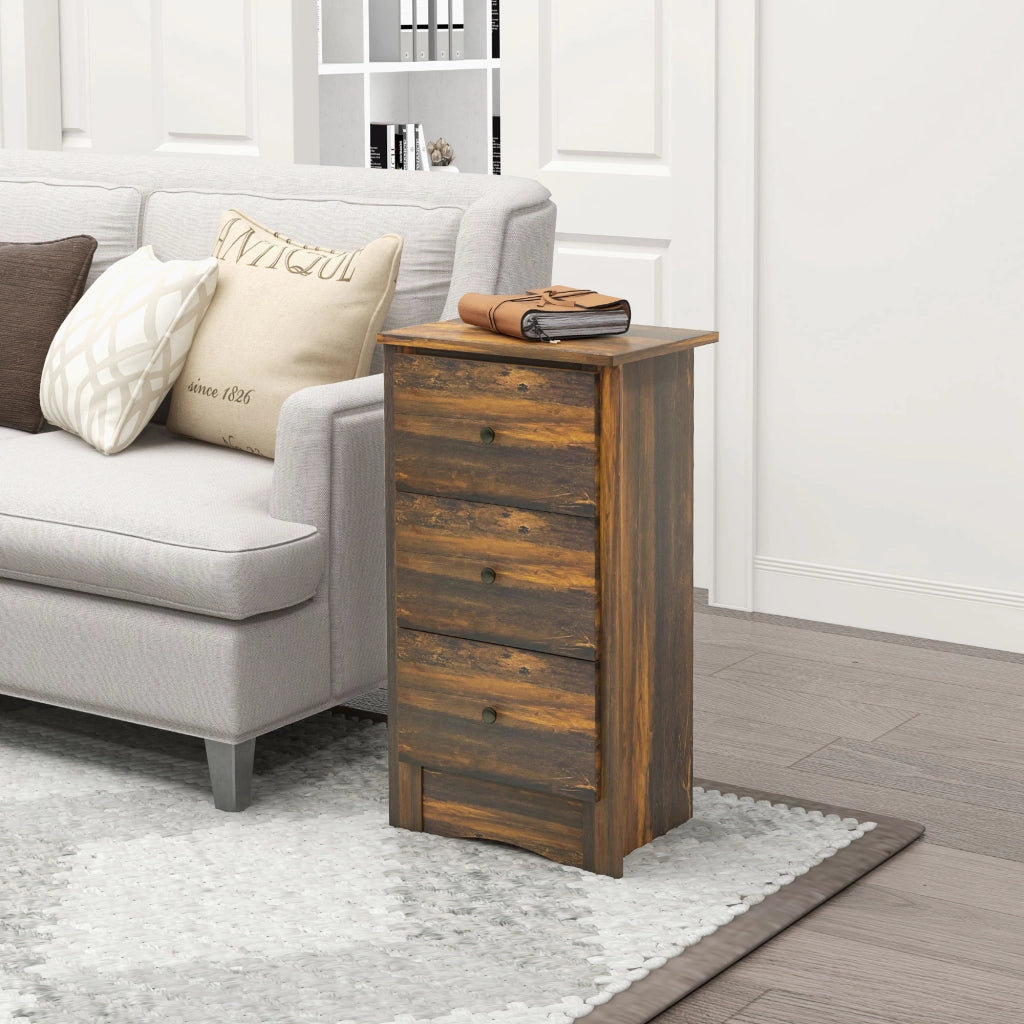 Comodino con 3 Cassetti in stile Rustico, Comodino per Camera da Letto in Legno, 40x30x74 cm, Marrone