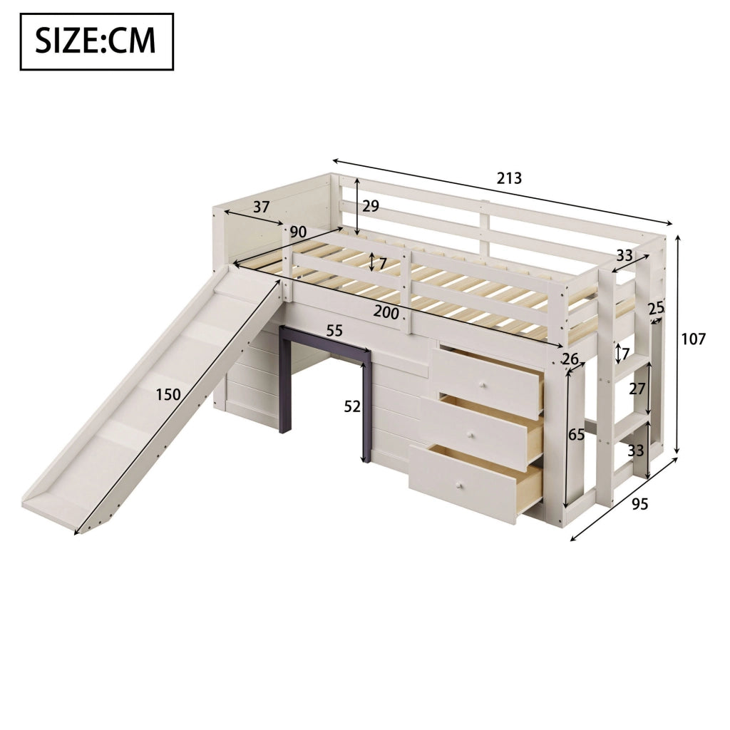 OKWISH Letto a soppalco basso 90×200 cm, Letto Singolo con Scivolo, 3 Cassetti e 2 Ante, senza Materasso, in Legno, Crema