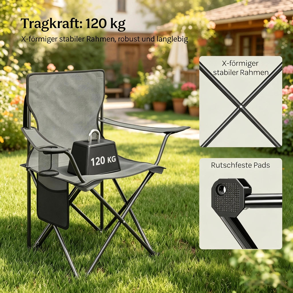 SEDIA da campeggio pieghevole set da 2 pezzi con portabicchieri 47x76x80,5 cm grigio scuro