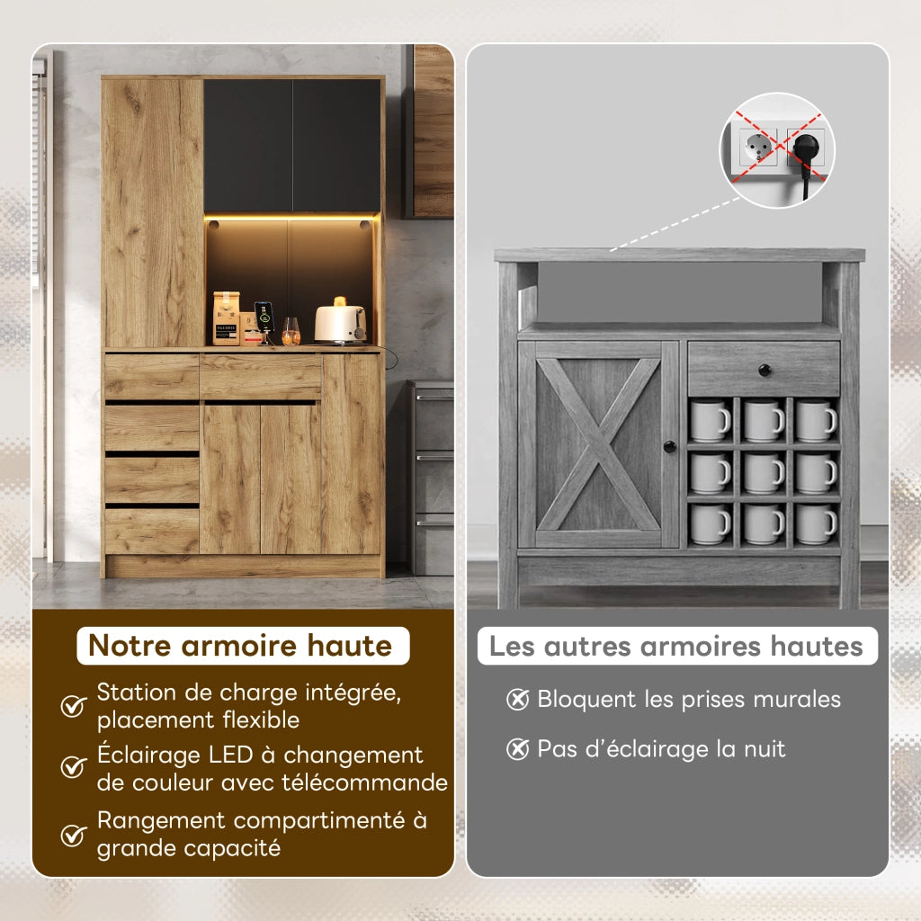 Credenza da cucina con ripiani regolabili; LED e prese - per cucina - in MDF - 185x105x40 cm - nero e naturale