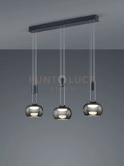 MADISON SOSPENSIONE LED 24W 2700lm, 3000K  BARRA METALLO NERO E 3 VETRI SFERA FUME' CROMATI CON REGOLAZIONE ALTEZZA CON CONTRAPPESO E DIMMERAZIONE INTENSITA' CON NORMALE INTERRUTTORE A PARETE L. 82CM