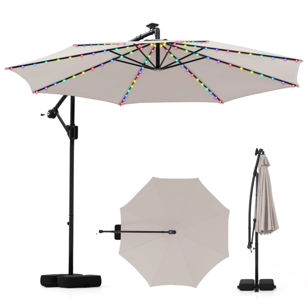 Ombrello a braccio con luci LED regolazione facile dell'inclinazione, Ombrello sospeso solare con base Beige-Ombrelloni