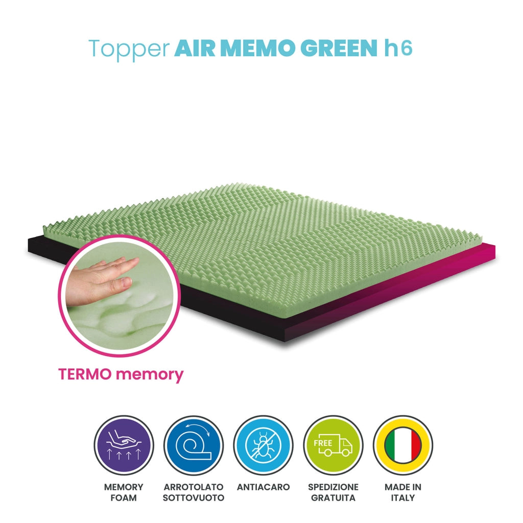 Topper memory, Interno anatomico senza tessuto TRASPIRANTE a zone differenziate, Alto 6 cm reali AIR MEMOGREEN, correttore piazza e mezza 120x195