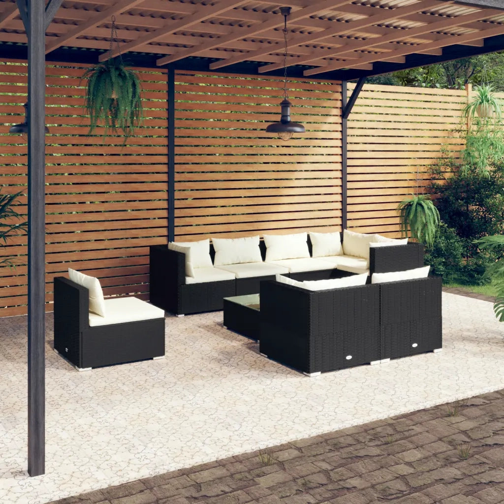 Set Divani da Giardino 9 pz con Cuscini in Polyrattan Nero 3102615