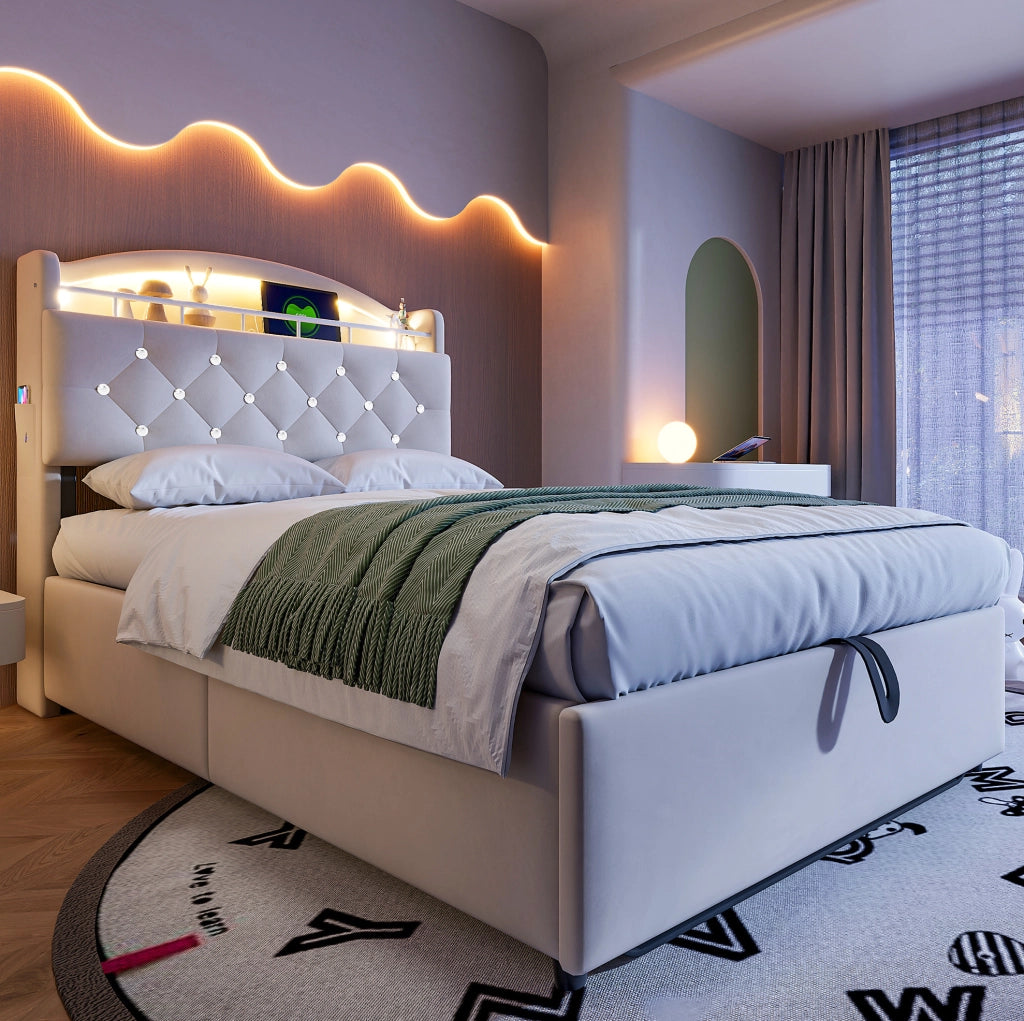 Letto imbottito per bambini 90x200 cm con LED, USB e vano contenitore beige