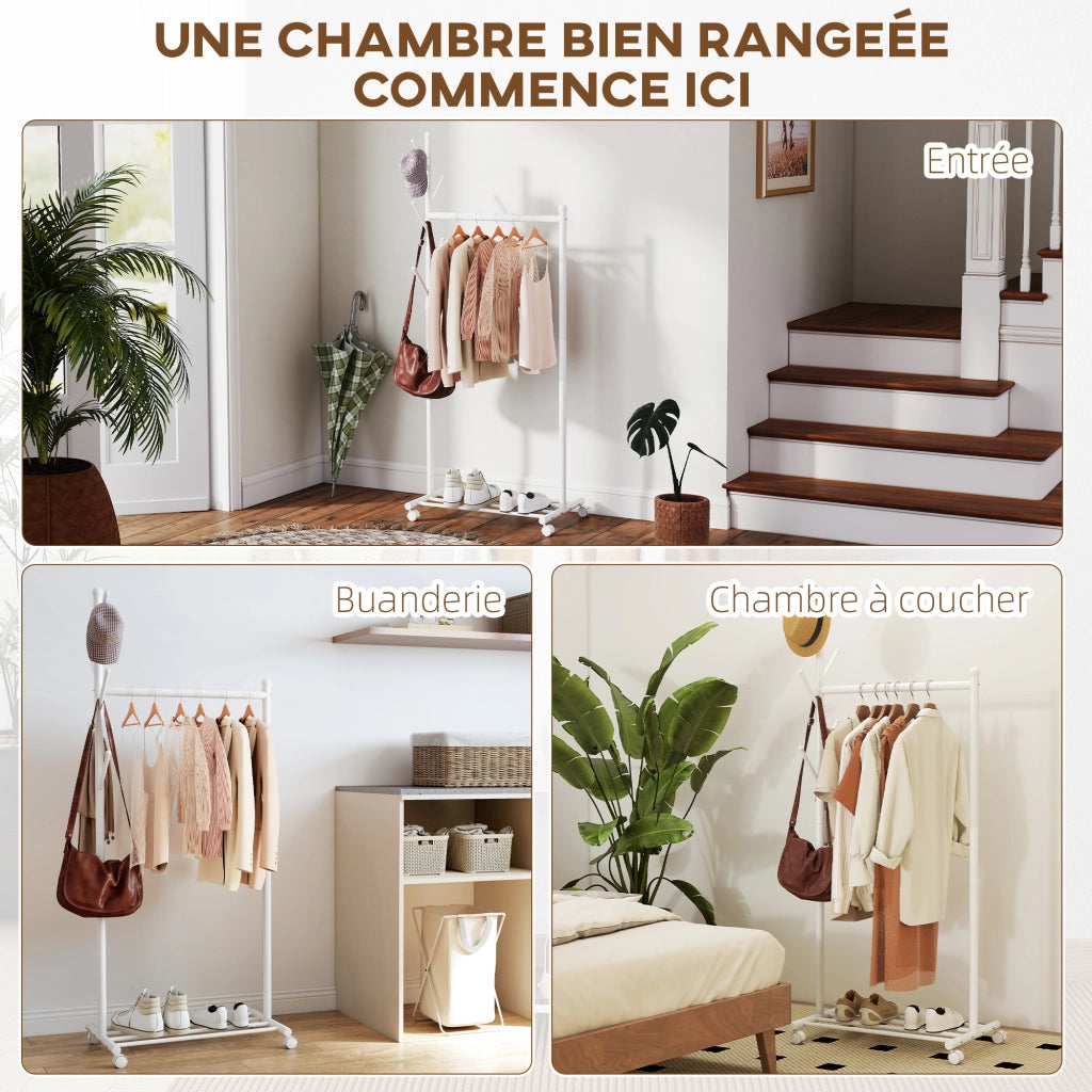 Appendiabiti su ruote con ripiano e 5 ganci ¨C Minimal ¨C bianco 68x43x171 cm