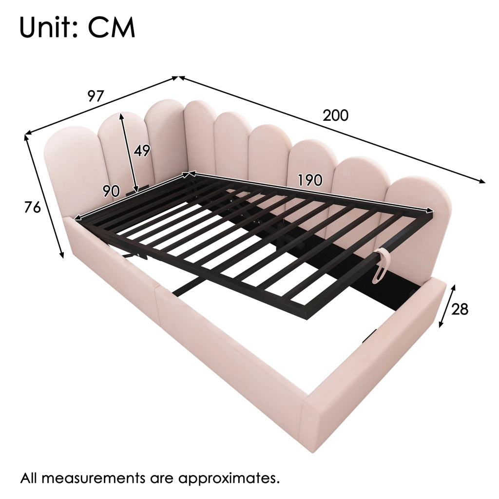 Letto giorno con vano contenitore idraulico velluto rosa 90x190 cm